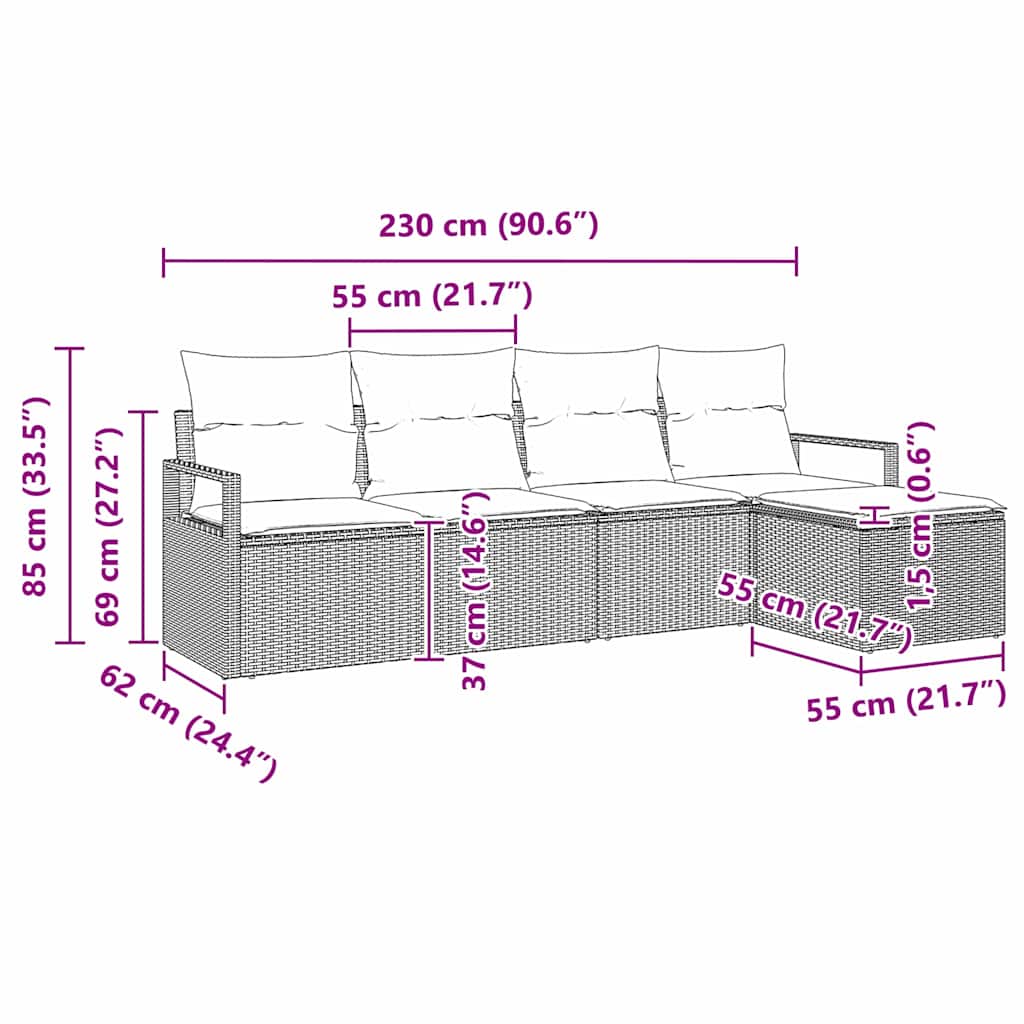 5 dalių sodo sofa komplektas su pagalvėm, pilkas poli ratanas