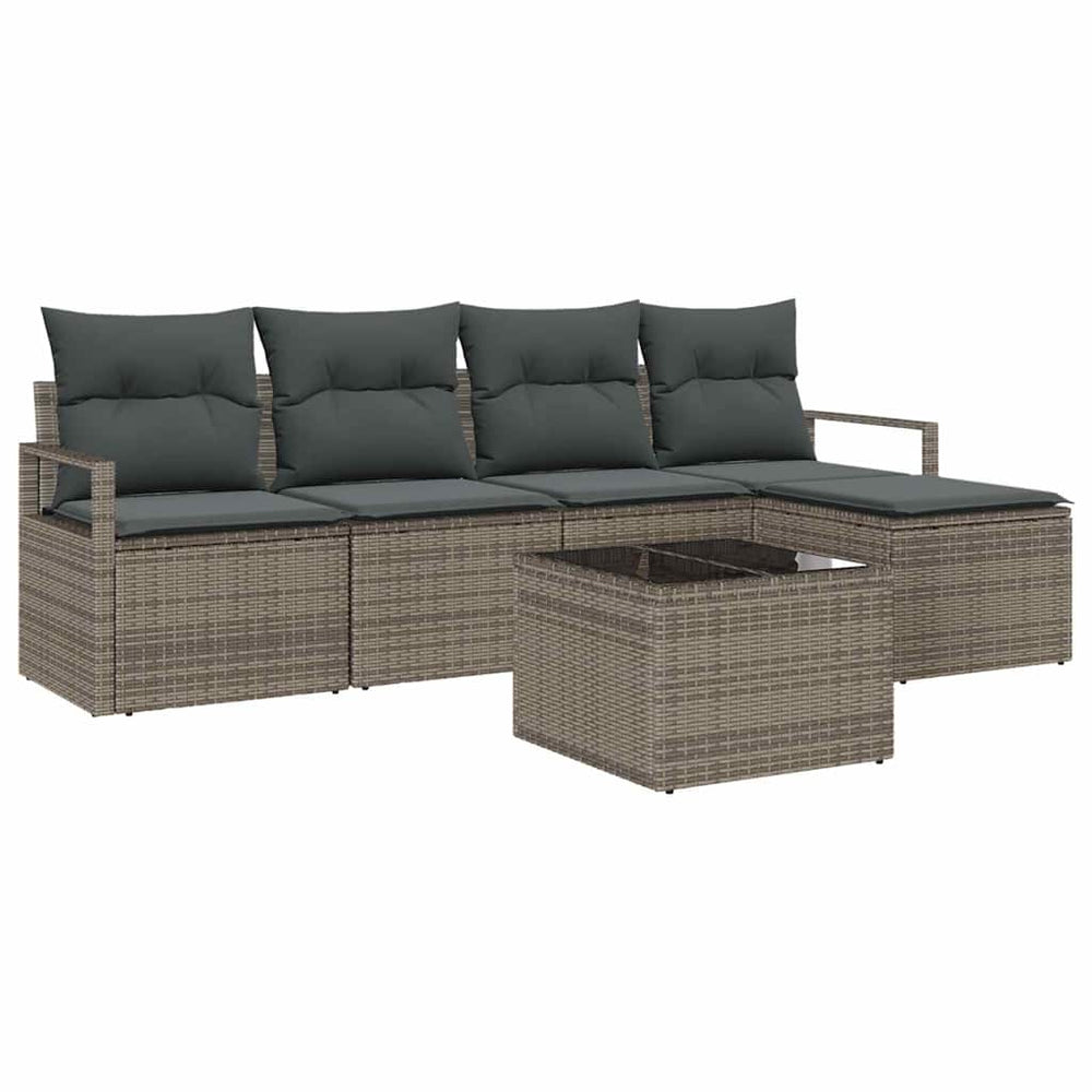 5-piece garden sofa set with cushions, black poly rattan