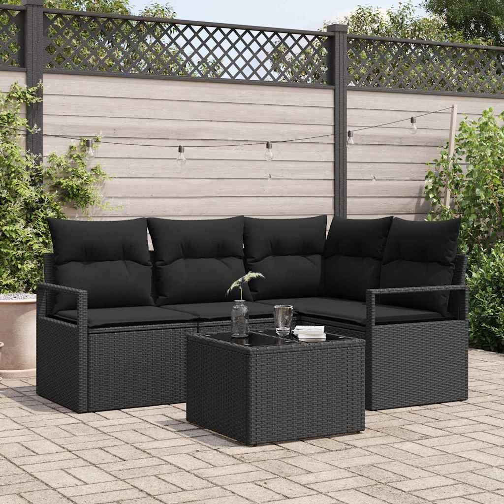 5-piece Patio Sofa Set with Cushion Storage Black Poly Rattan