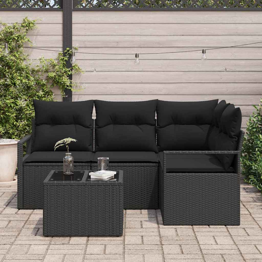 5-piece Patio Sofa Set with Cushion Storage Black Poly Rattan