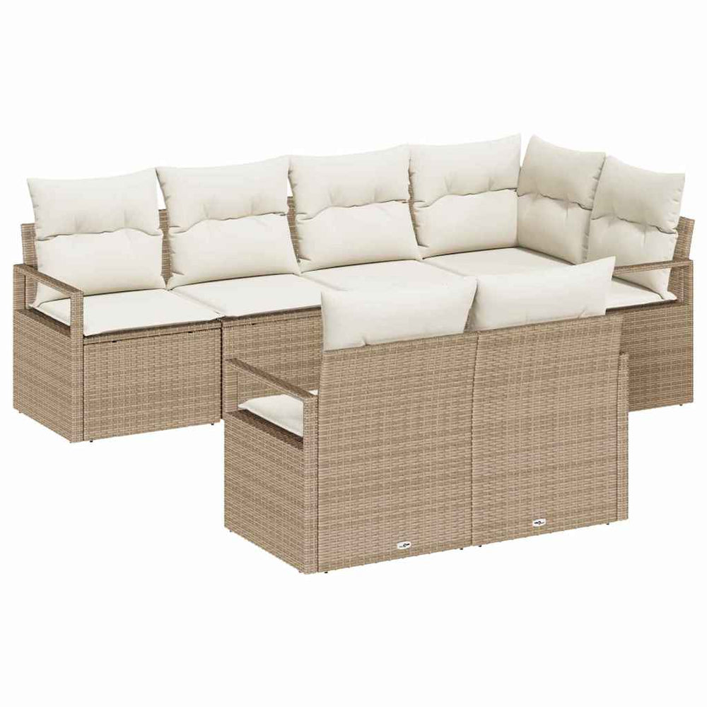 7 Piece Garden Sofa Set with Cushions Beige Poly Rattan