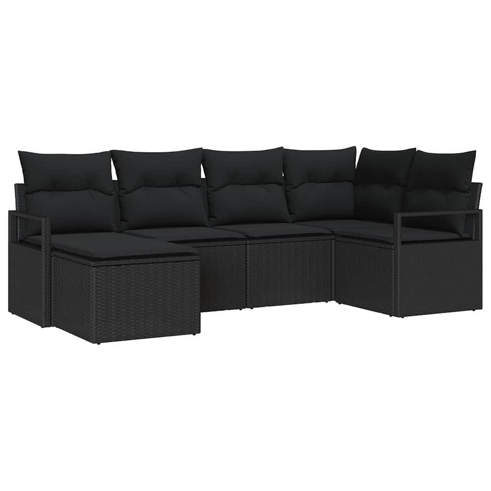 6-piece garden sofa set with cushions, black poly rattan