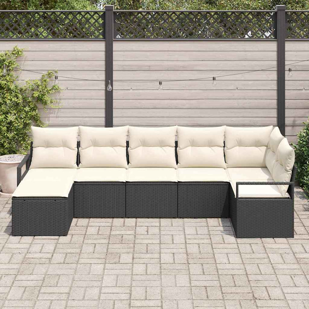 7 dalių sodo sofos komplektas su pagalvėlėmis, juodas poly rattan.