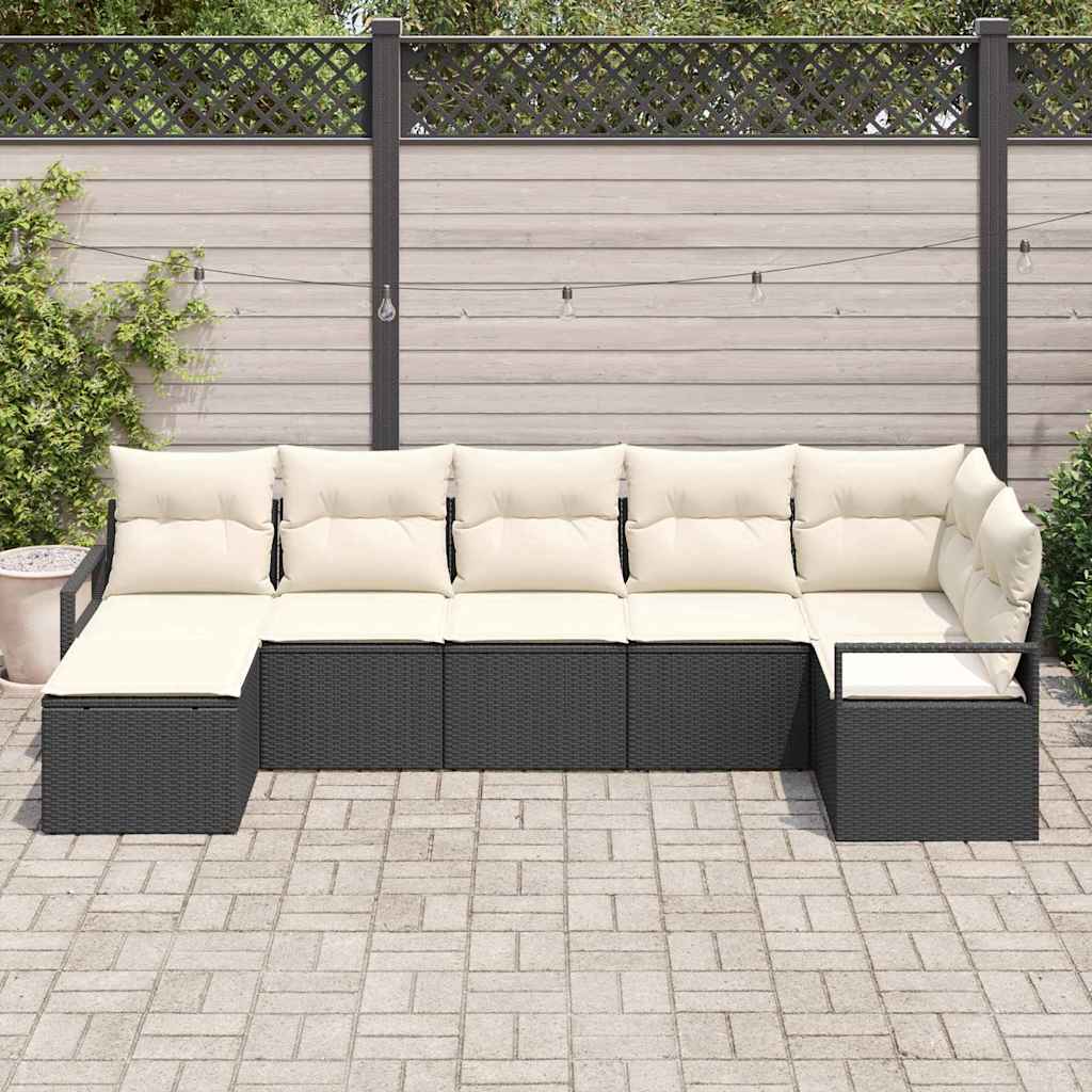 7 dalių sodo sofos komplektas su pagalvėlėmis, juodas poly rattan.