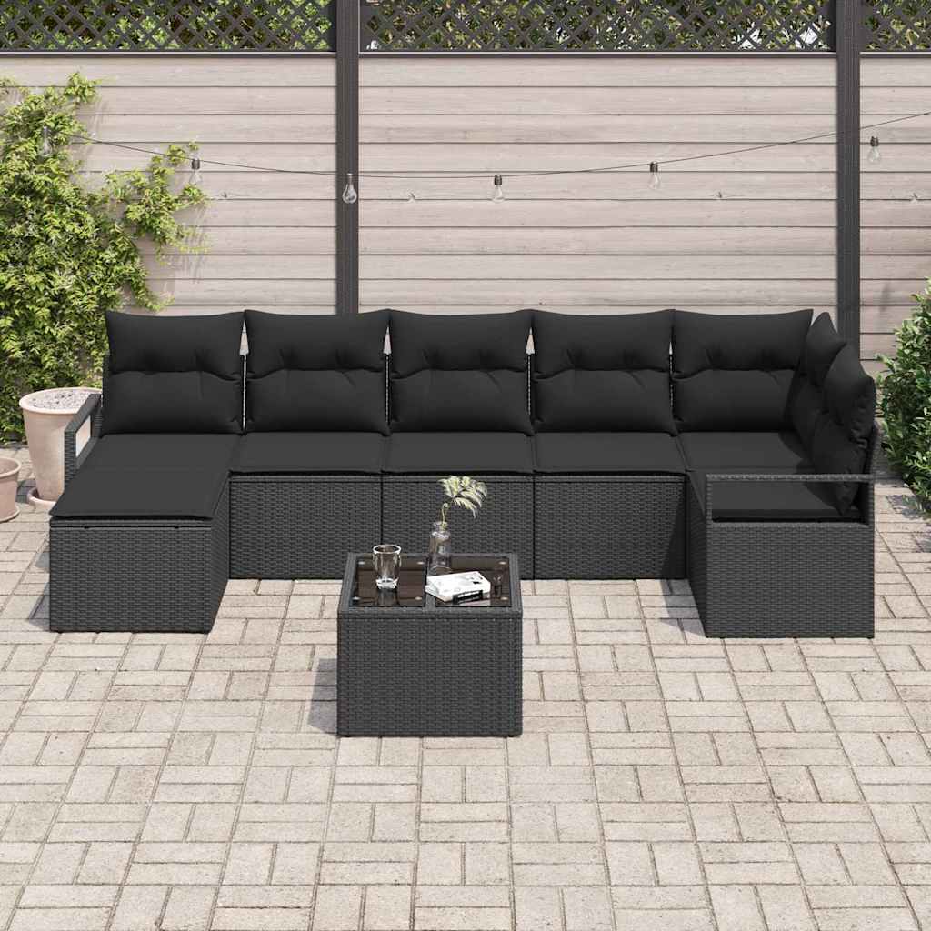 Sofa set with cushion and storage 8 pcs Black poly rattan