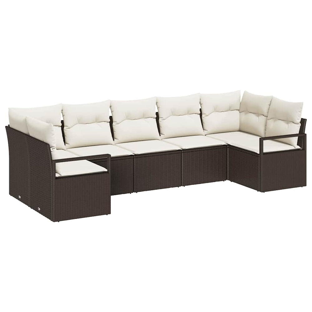 7-piece garden sofa set with cushions, brown poly rattan