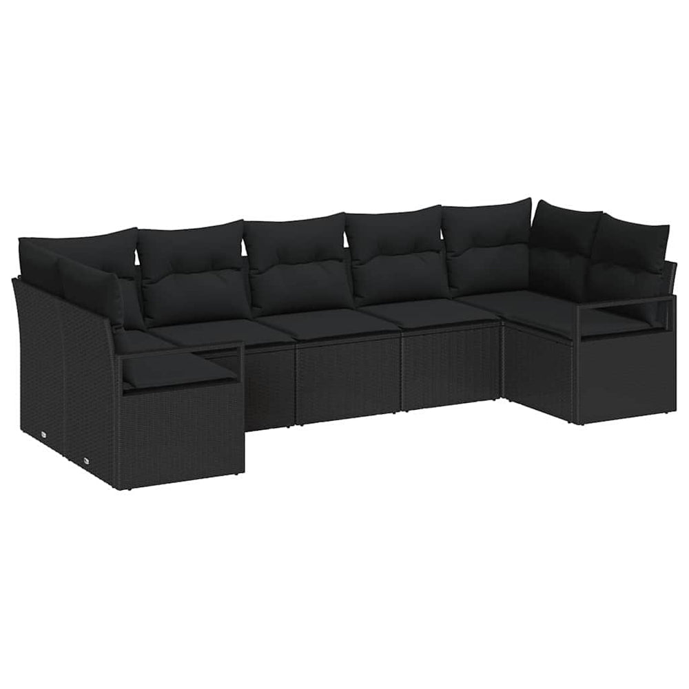 7-piece garden sofa set with cushions, black poly rattan
