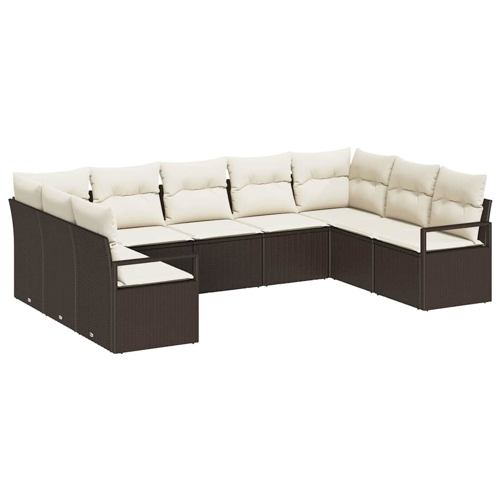 9-piece garden sofa set with cushions, brown poly rattan