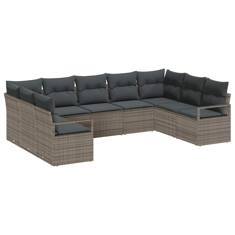 9-piece garden sofa set with cushions, grey poly rattan