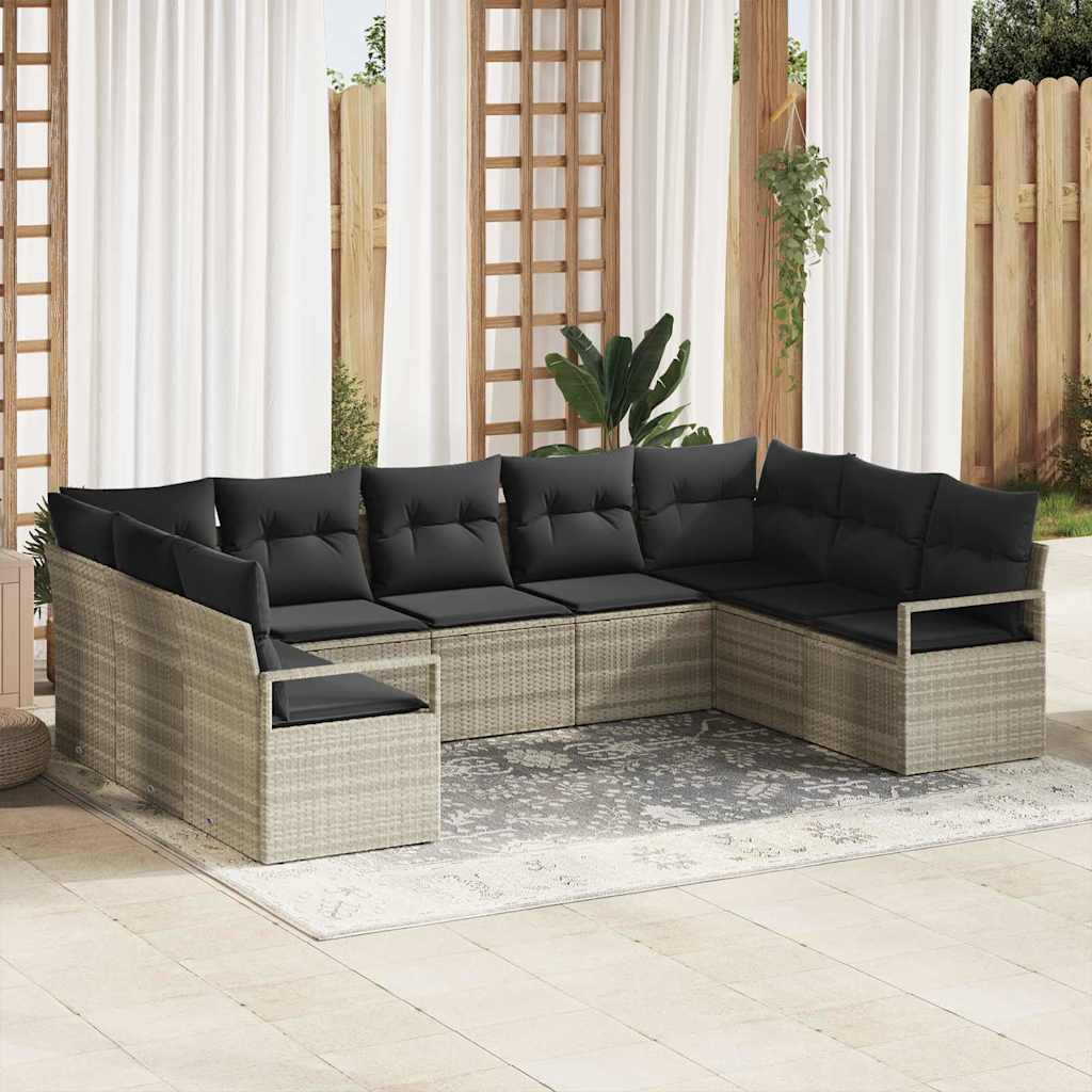 9 dalių sodo sofa komplektas su pagalvėlėmis Šviesiai pilka Poli Ratanas