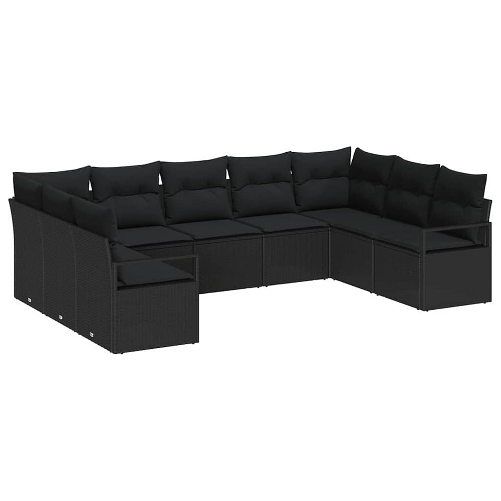 9-piece outdoor sofa set with cushions, black poly rattan