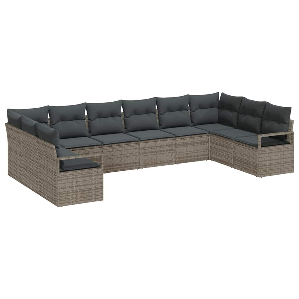 10-piece garden sofa set with grey cushions made of poly rattan