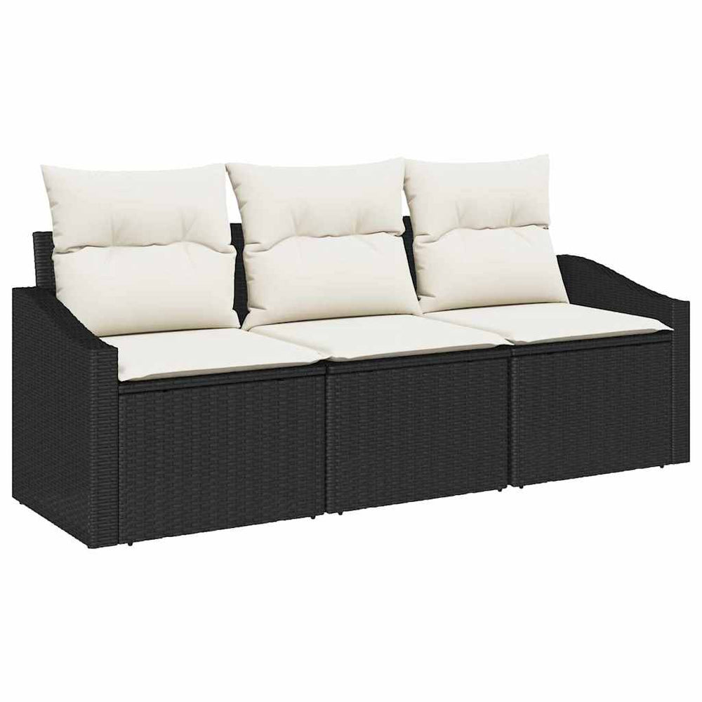 3-piece garden dining set with cushions, black poly rattan