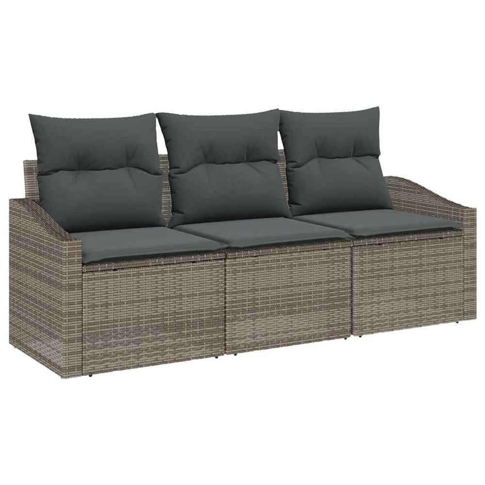 3-piece garden dining set with cushions, grey poly rattan