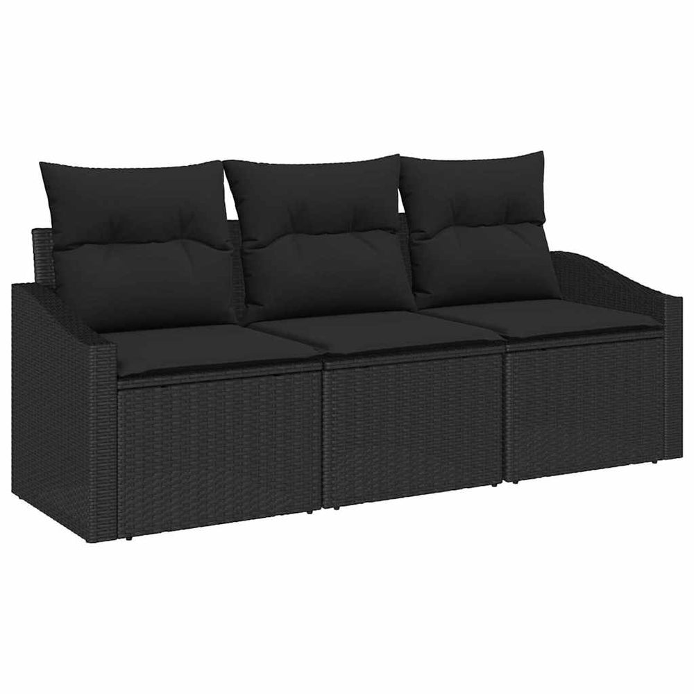 3-piece garden dining set with cushions, black poly rattan.