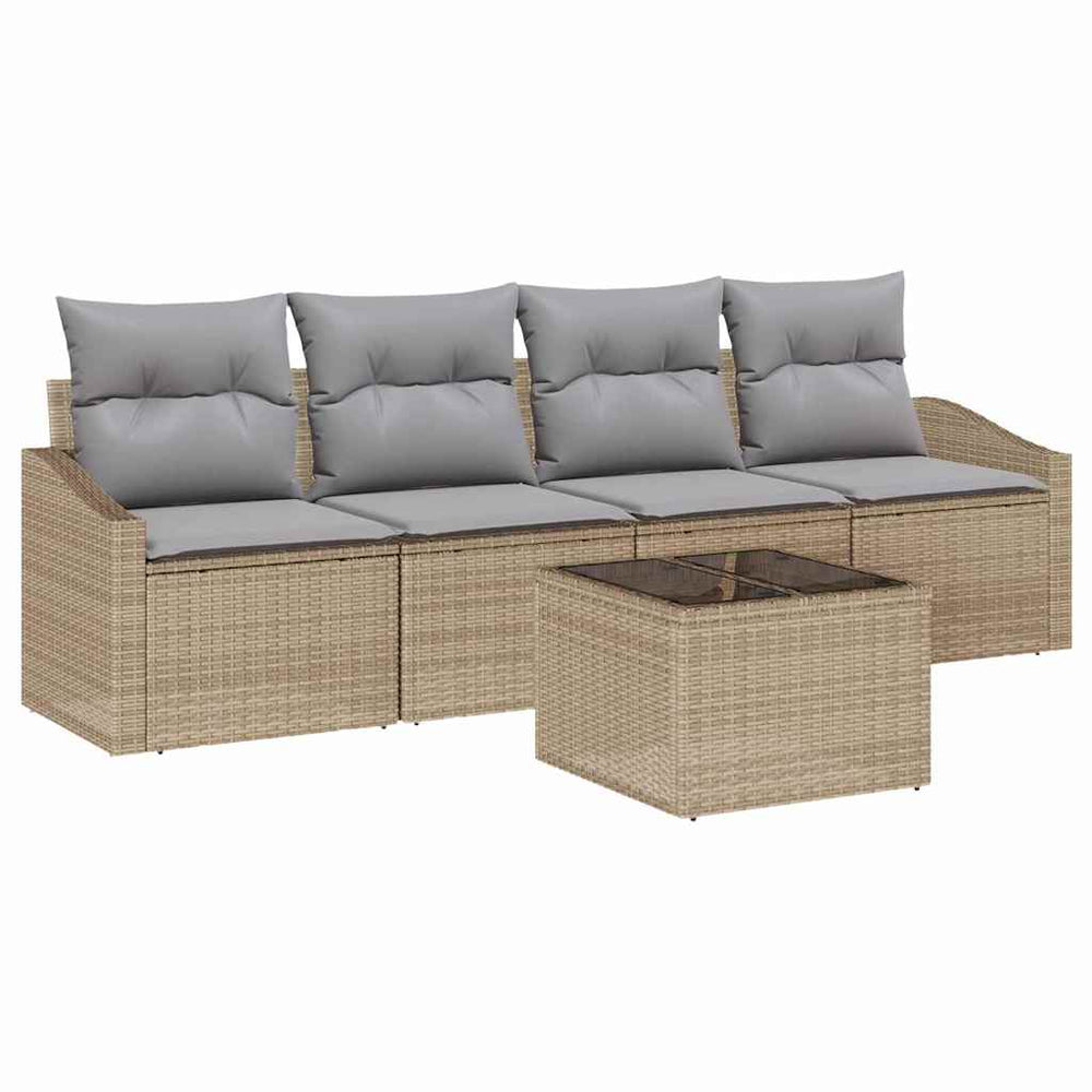 5-piece garden dining set with cushions sand-colored poly rattan