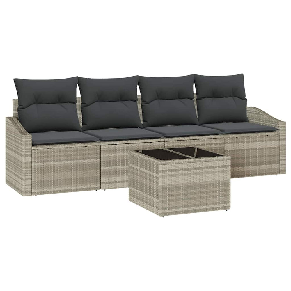 5-piece garden dining set with cushions, light grey poly rattan.