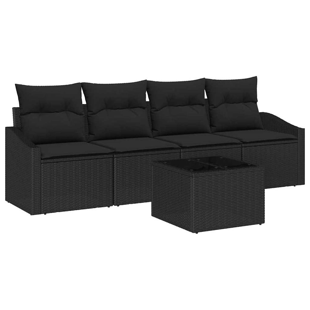 5-piece garden dining set black poly rattan with cushions