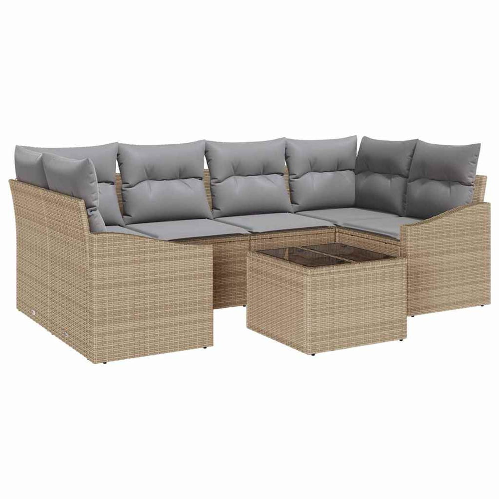 7-piece garden dining set with cushions light beige poly rattan