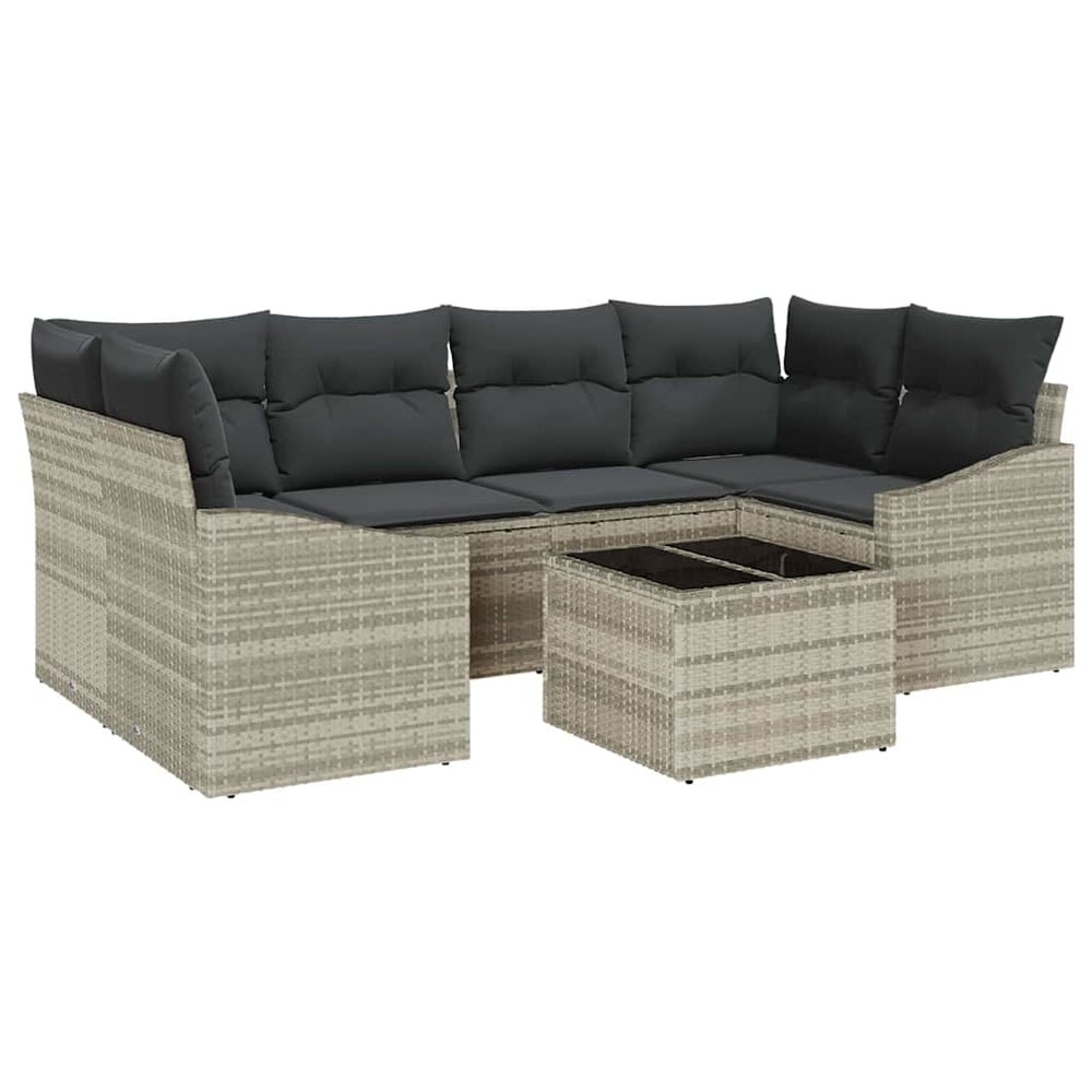 7-piece garden dining set with cushions light grey poly rattan
