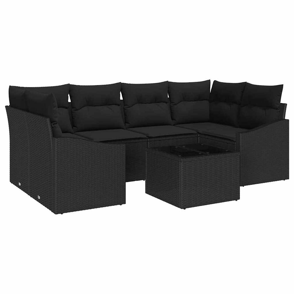 7-piece outdoor dining set with cushions, black poly rattan