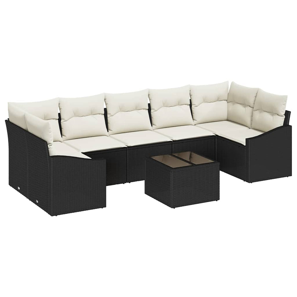 8-piece garden sofa set with cushions, black poly rattan
