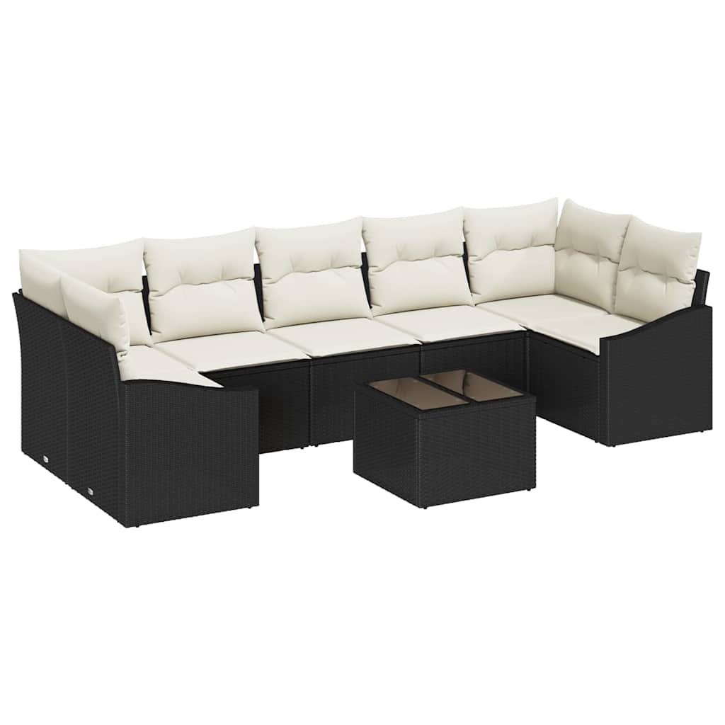 8-piece garden sofa set with cushions, black poly rattan