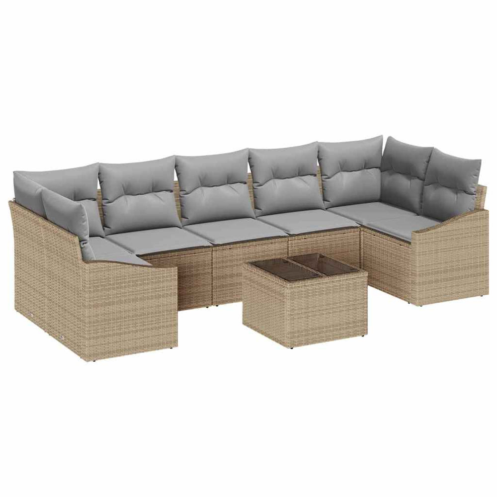 8-piece garden sofa set with cushions, sand-coloured poly rattan