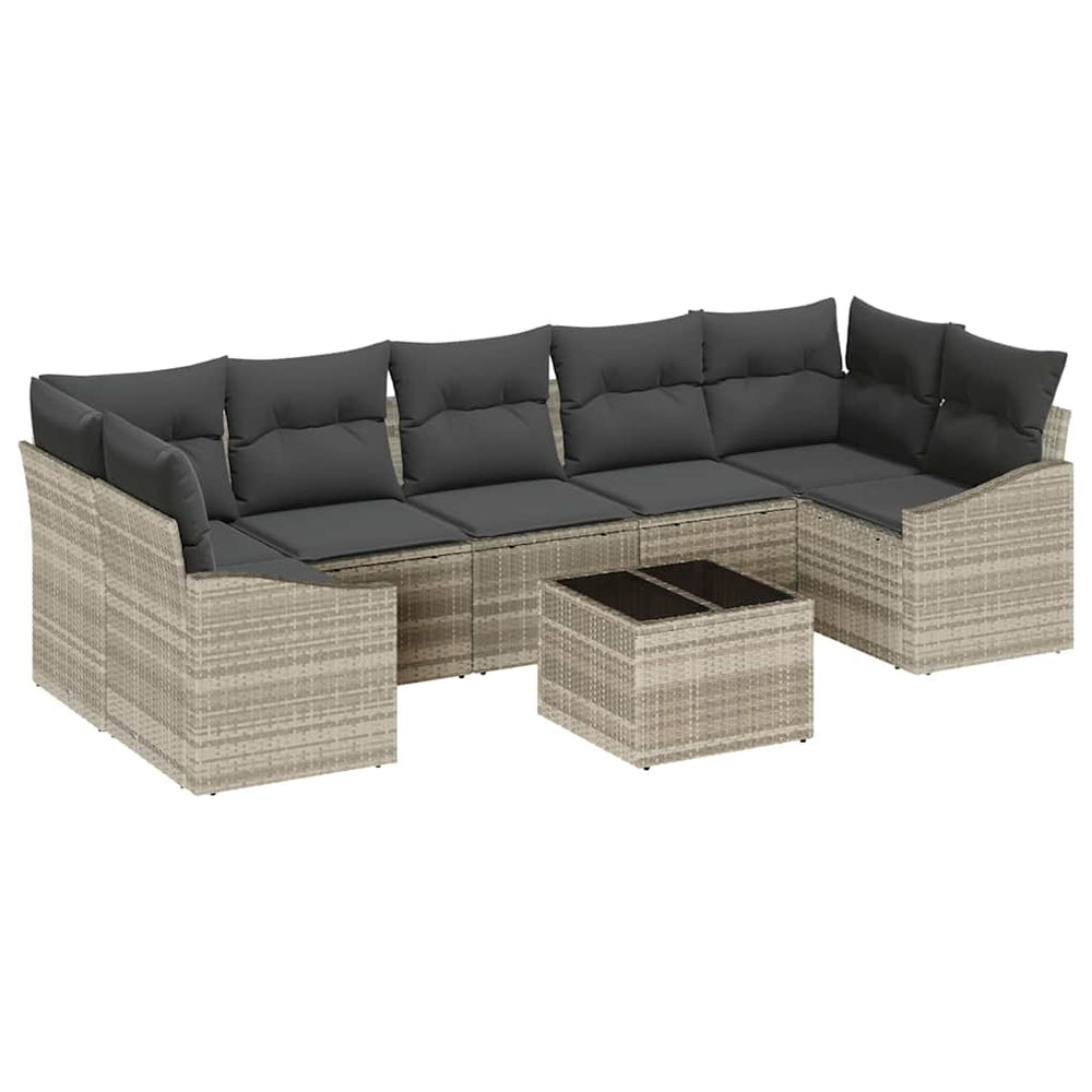 8-piece garden sofa set with cushions, light grey poly rattan