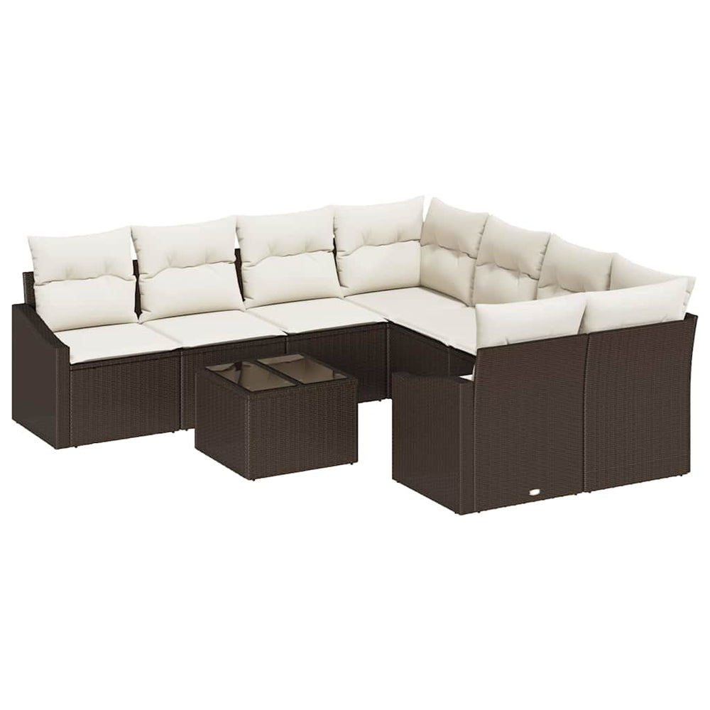 9-piece garden dining set with cushions brown poly rattan