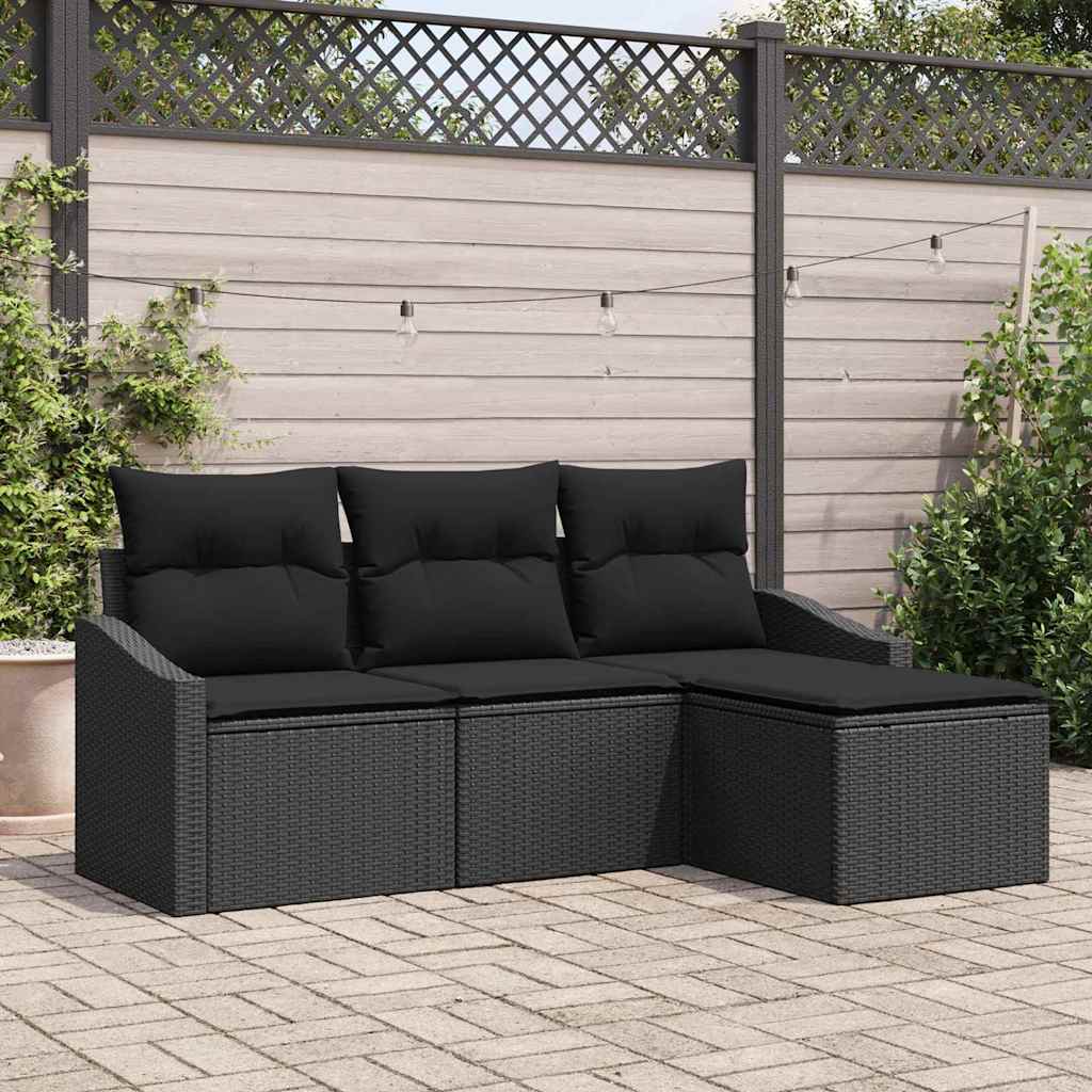 4-piece Garden Sofa Set with Cushions - Black Poly Rattan