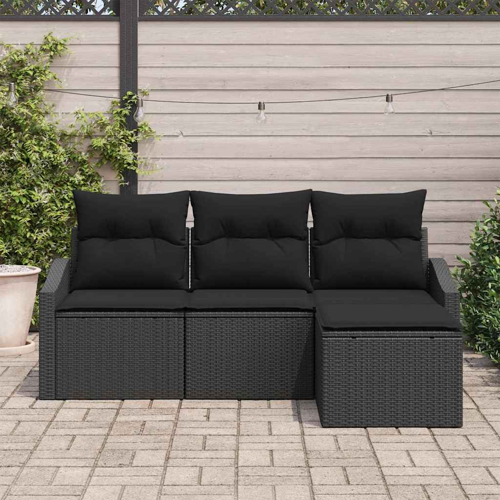 4-piece Garden Sofa Set with Cushions - Black Poly Rattan