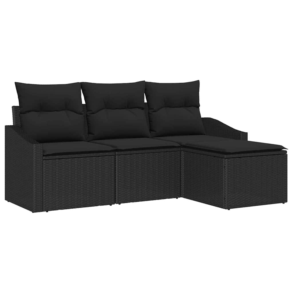 4-piece Garden Sofa Set with Cushions - Black Poly Rattan