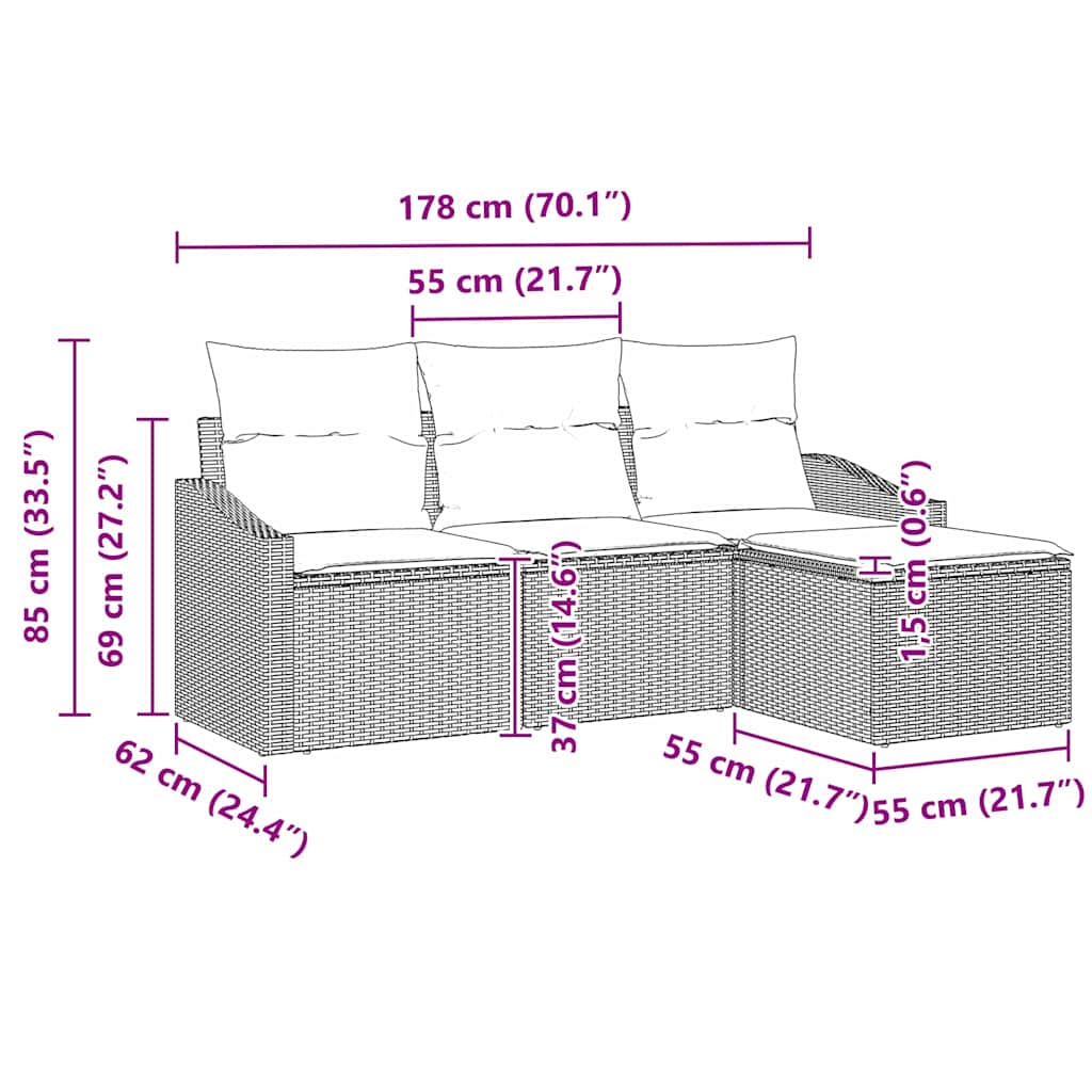 4-piece Garden Sofa Set with Cushions - Black Poly Rattan