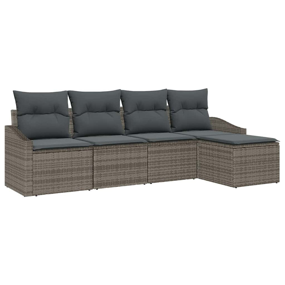 5-piece garden dining set with cushions, grey poly rattan