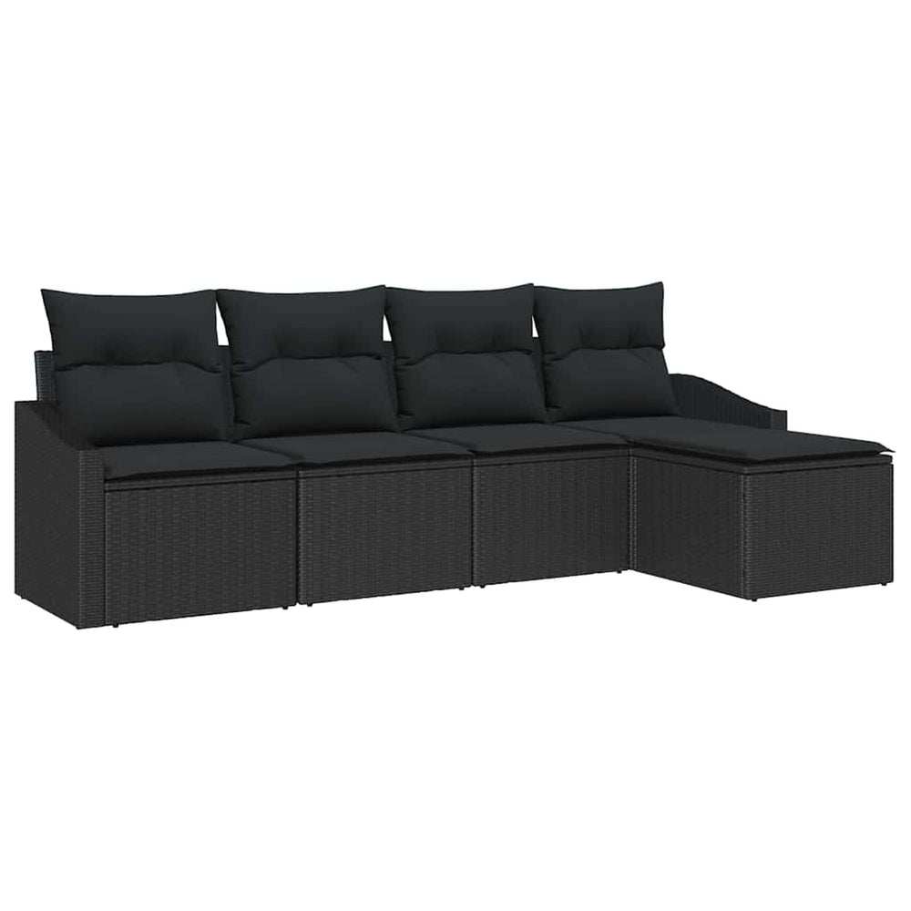 5-piece garden dining set with black cushions in poly rattan
