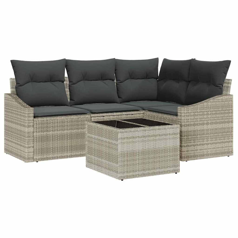 5-piece garden dining set with grey cushions in poly rattan