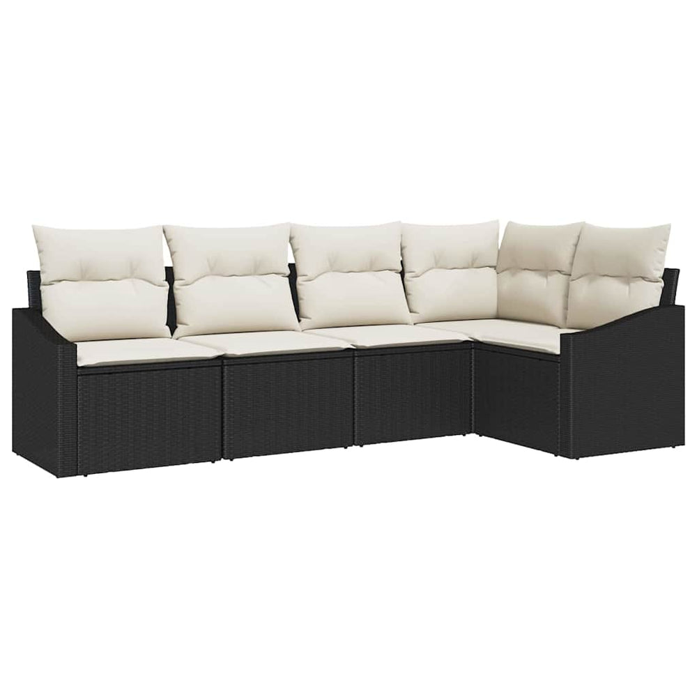 5-piece garden dining set with cushions, black poly rattan