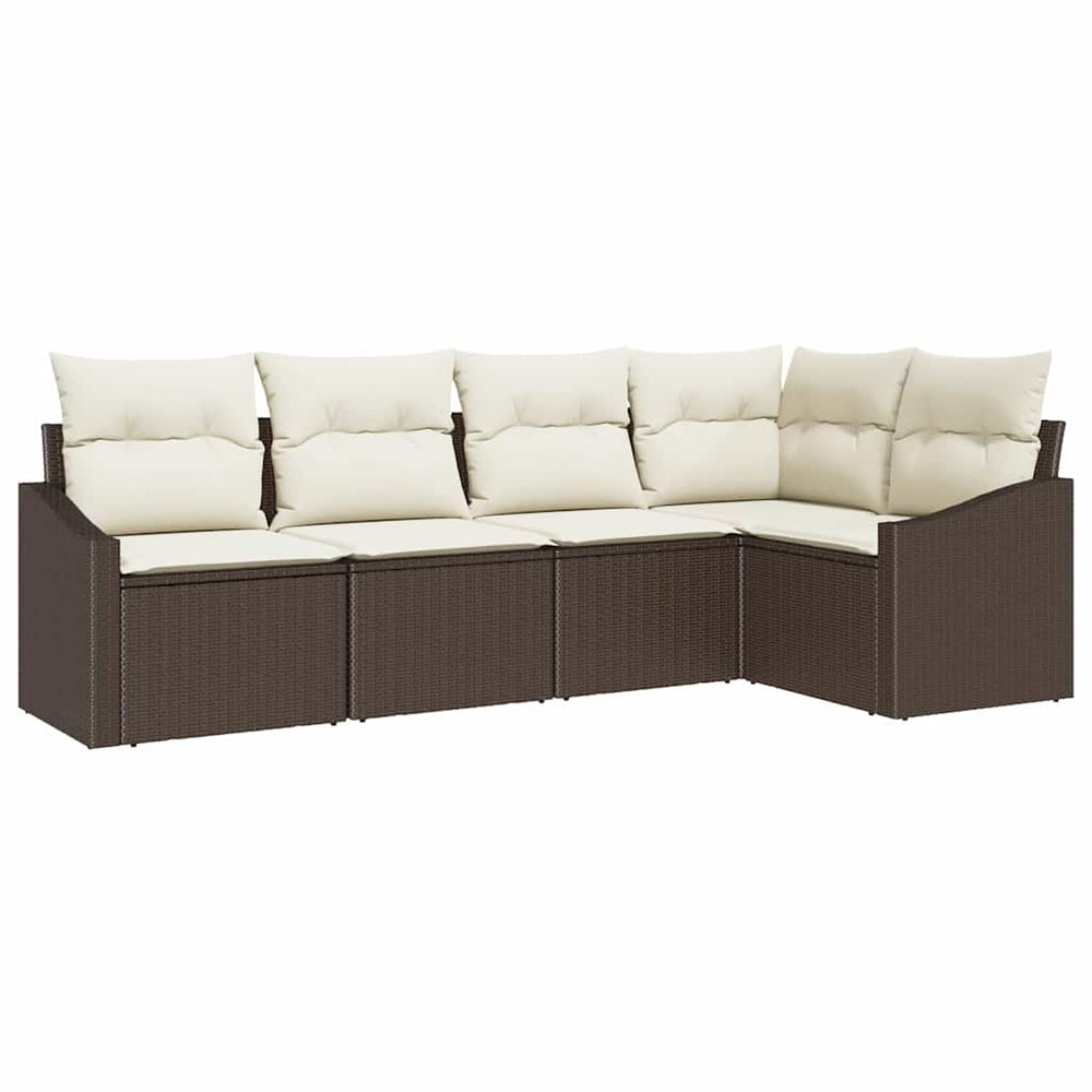 5-Piece Garden Dining Set with Cushions - Brown Poly Rattan