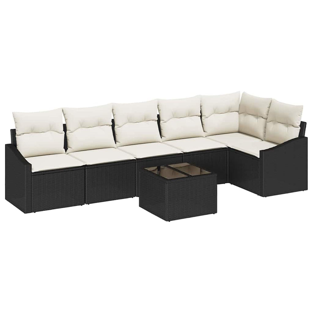 7-piece garden dining set with cushions, black poly rattan