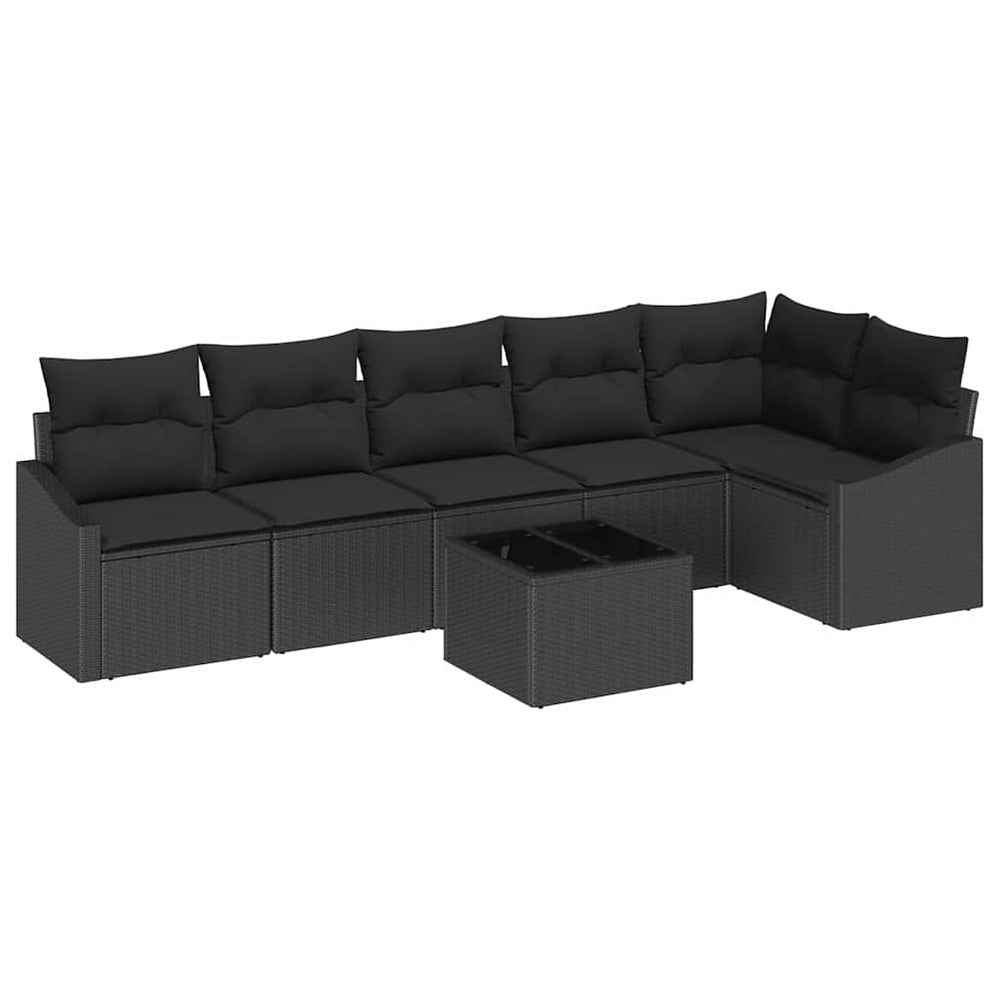 7-piece garden dining set with sand-colored poly rattan cushions.