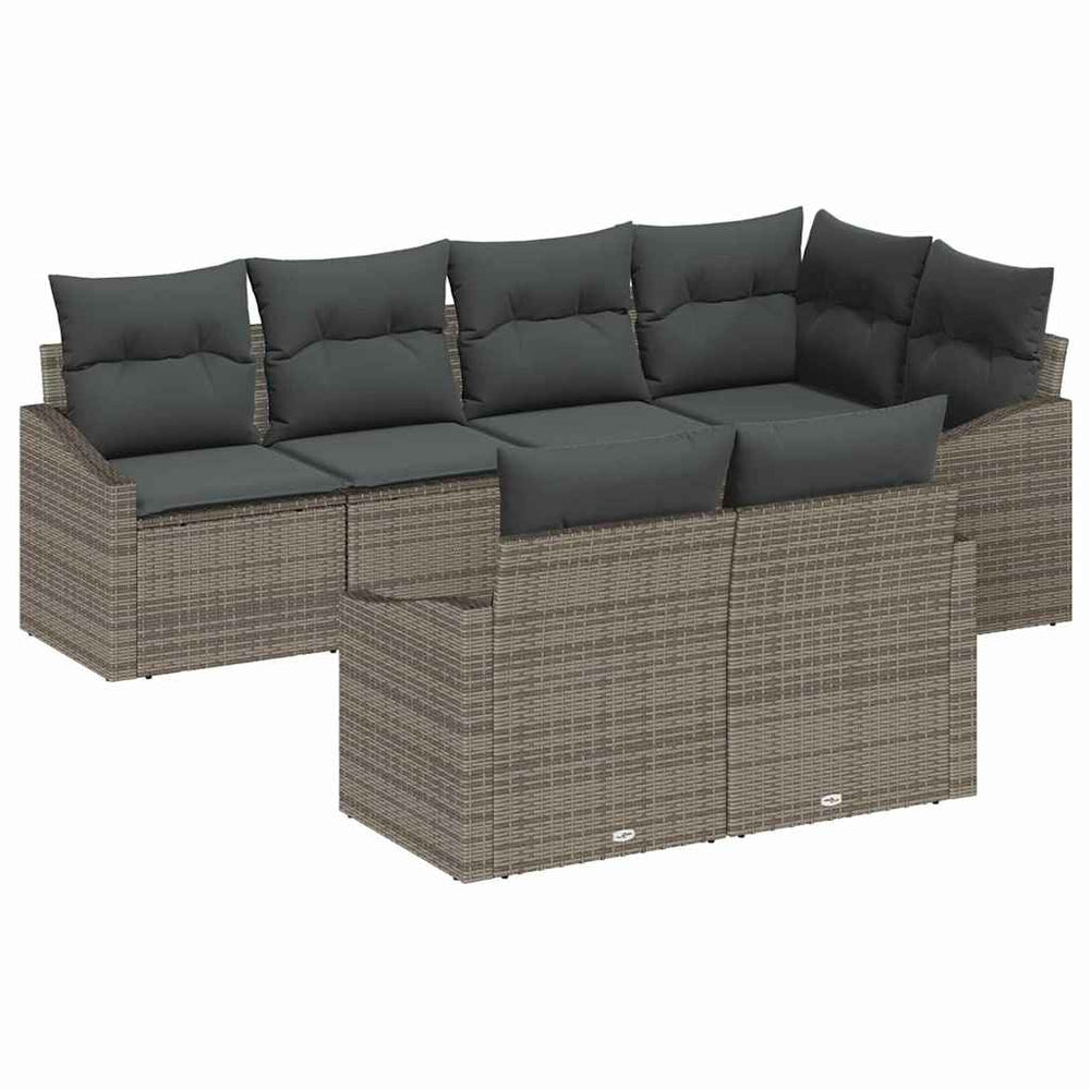 7-piece garden dining set with cushions, grey poly rattan
