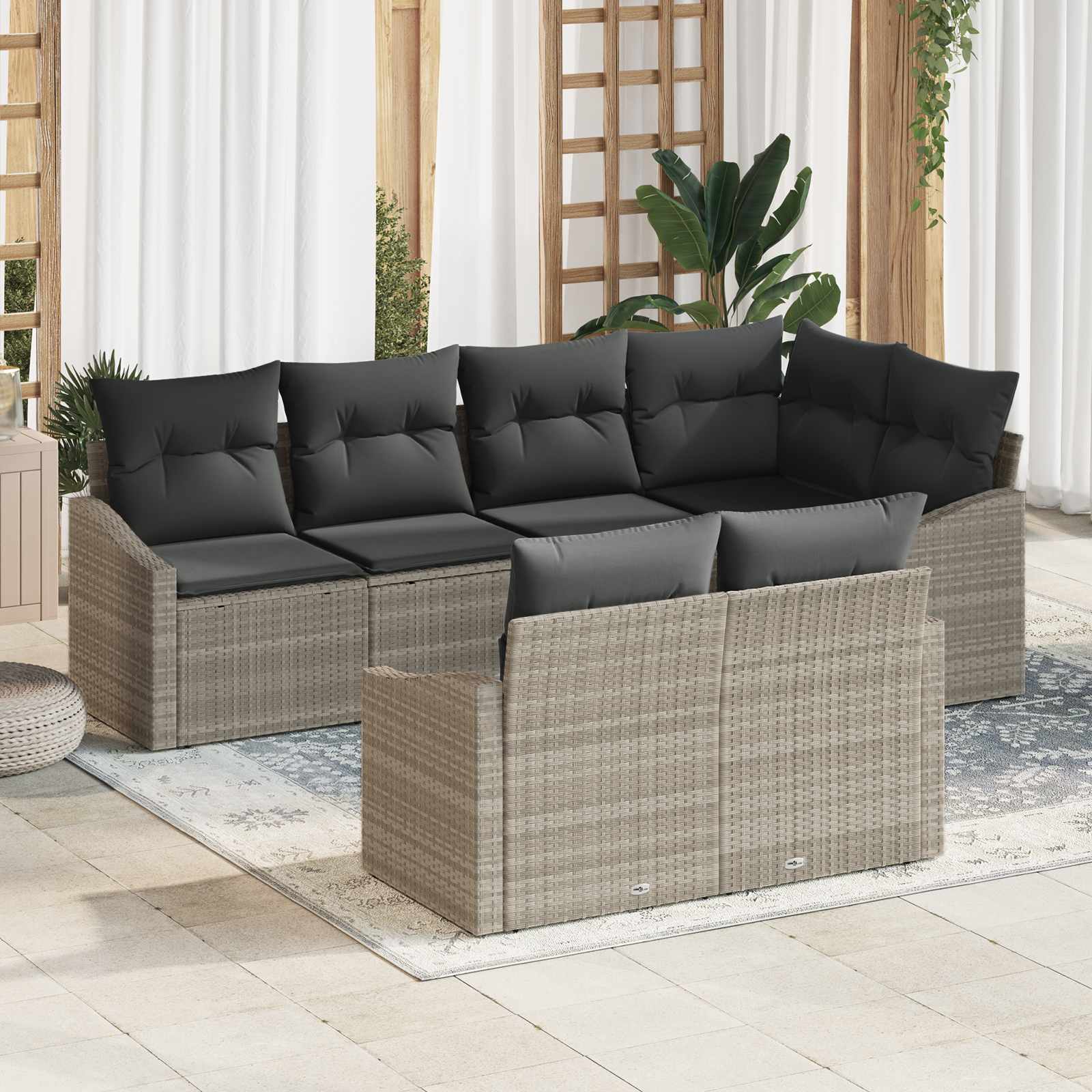 7-piece garden dining set with cushions, light grey poly rattan