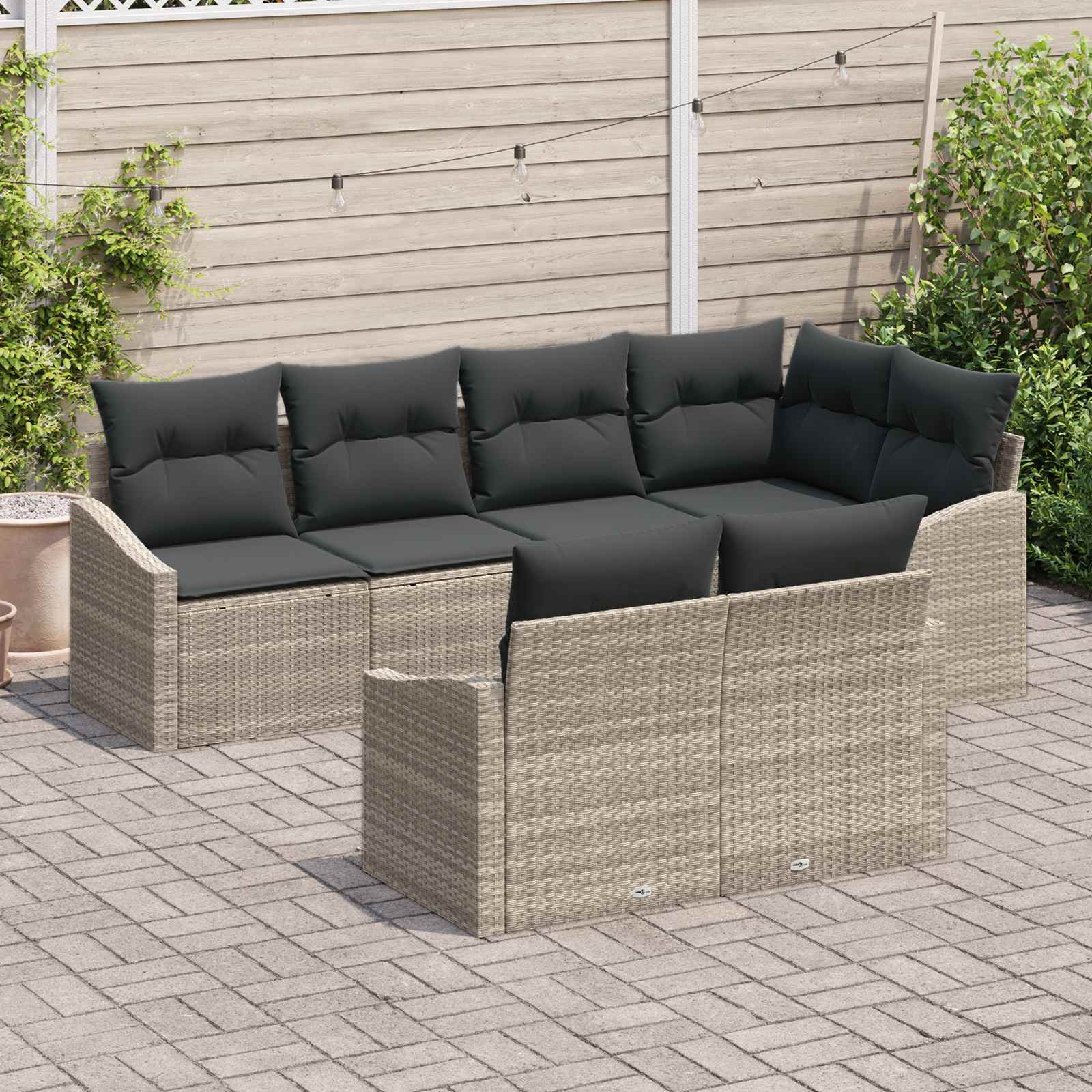 7-piece garden dining set with cushions, light grey poly rattan