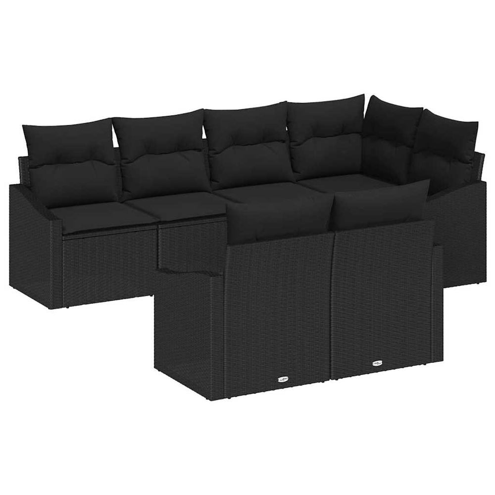 7-piece garden dining set with cushions black poly rattan