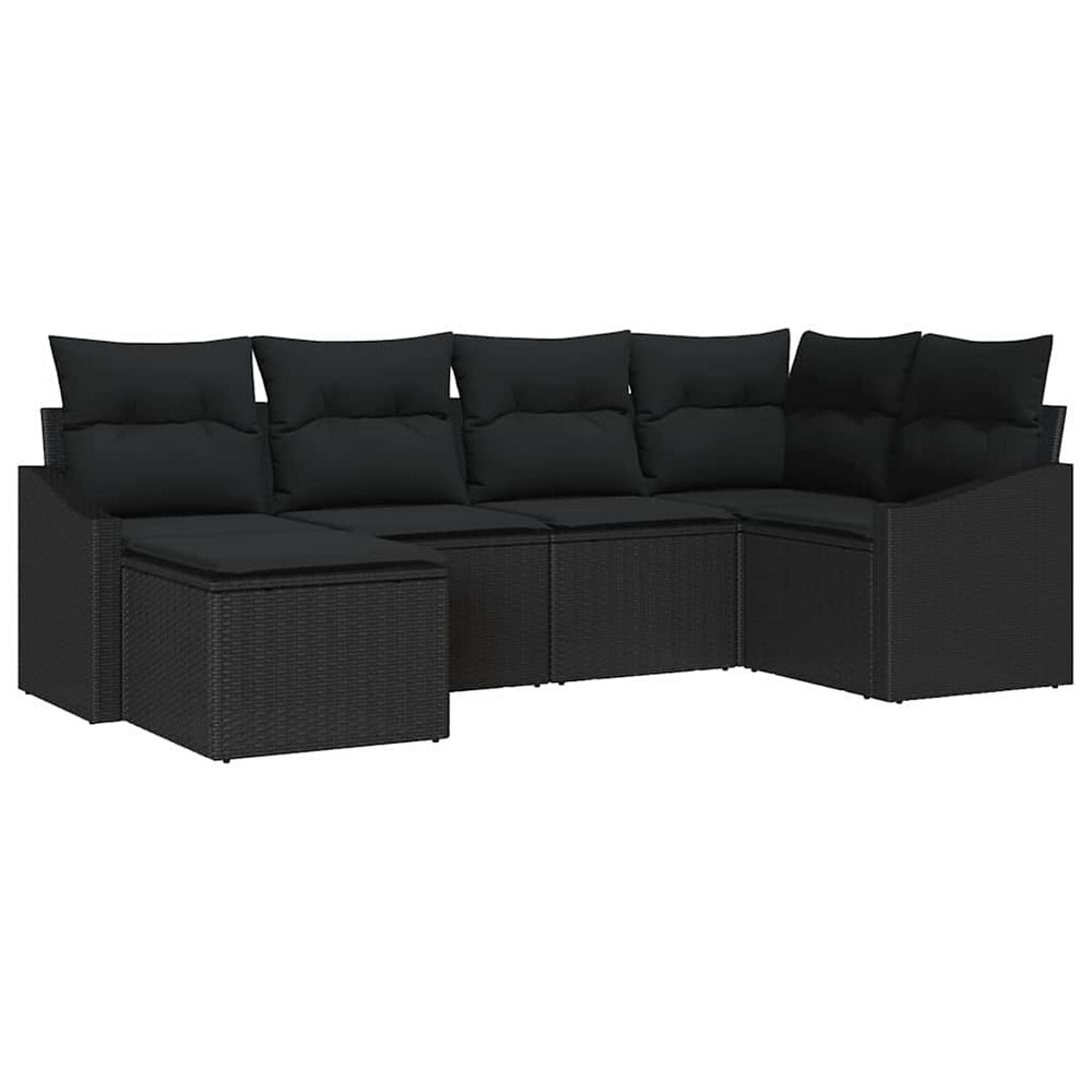 6-piece outdoor dining set with cushions, black poly rattan