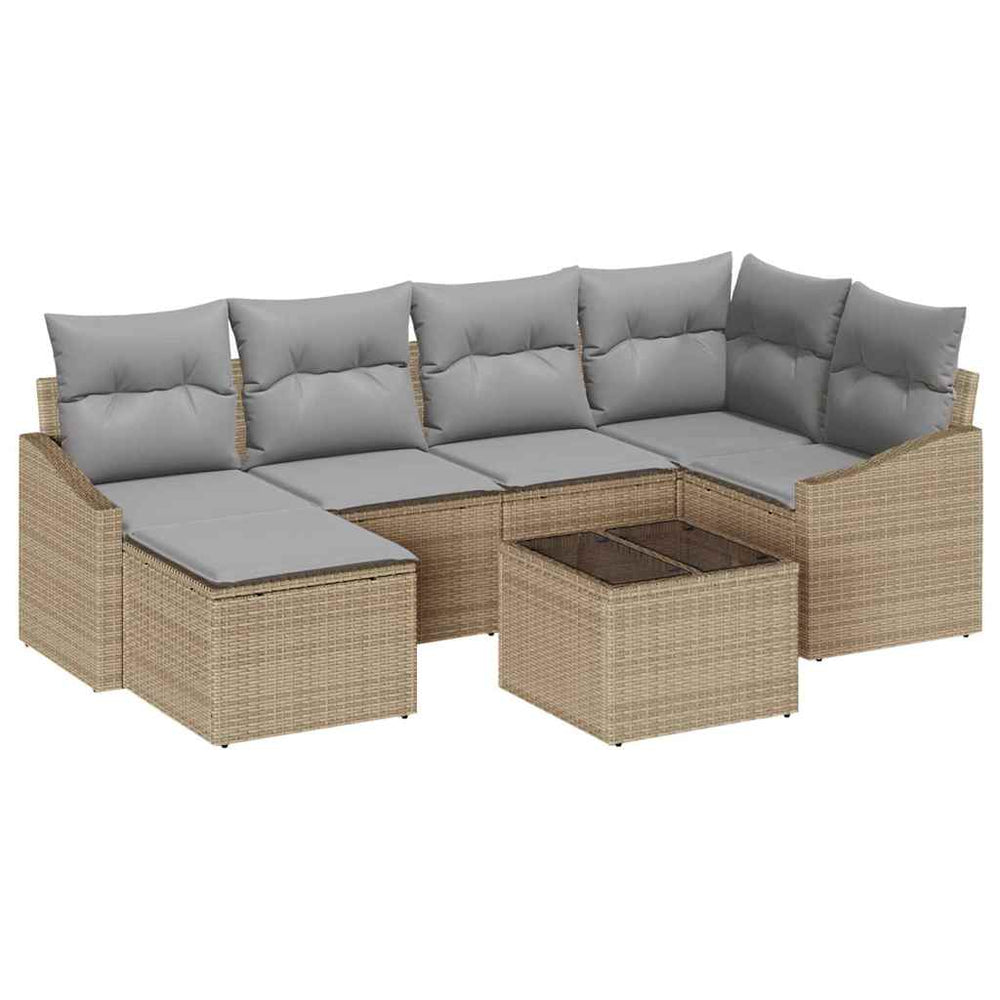 7-piece garden dining set with cushions, black, poly rattan