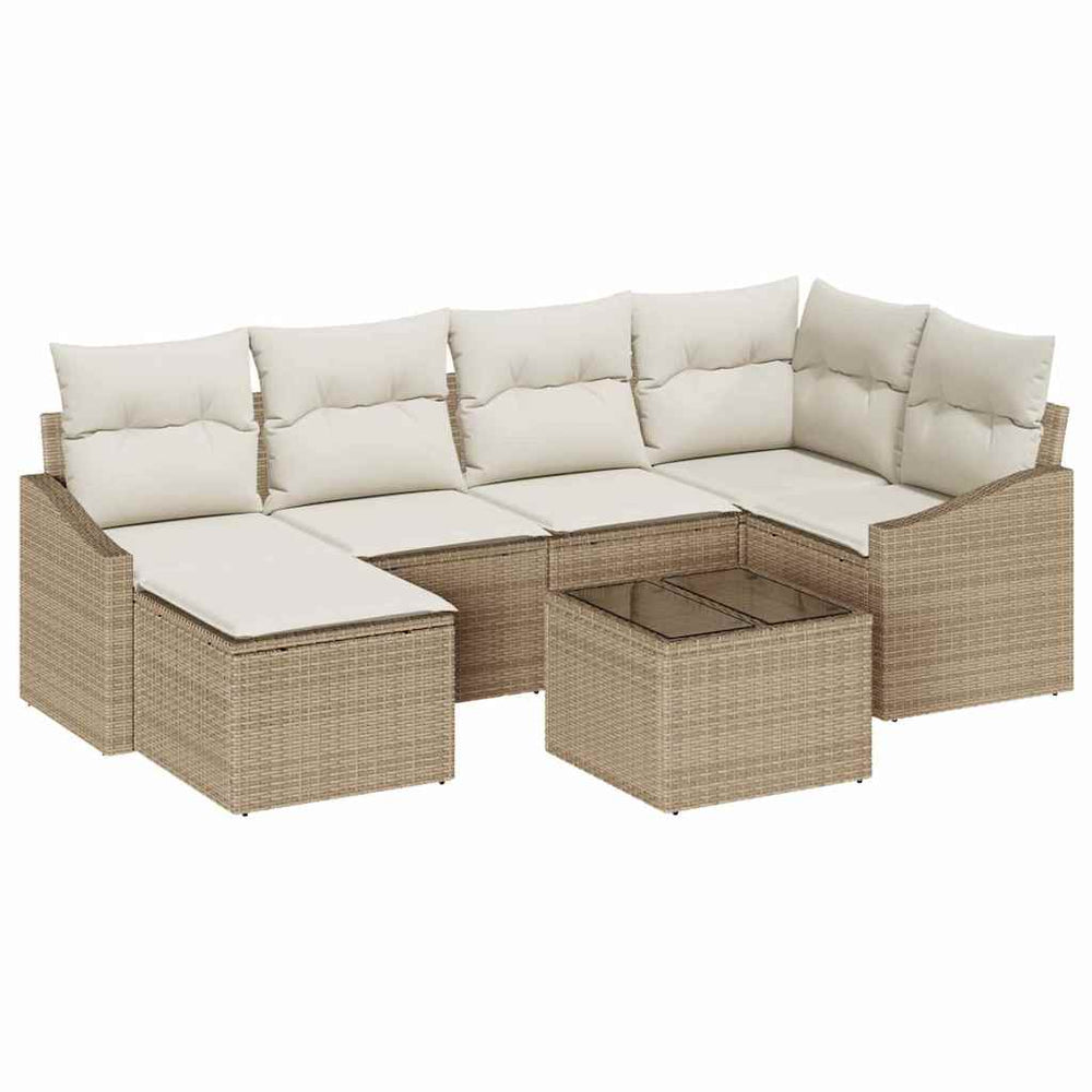 7-piece garden dining set with cushions, brown poly rattan