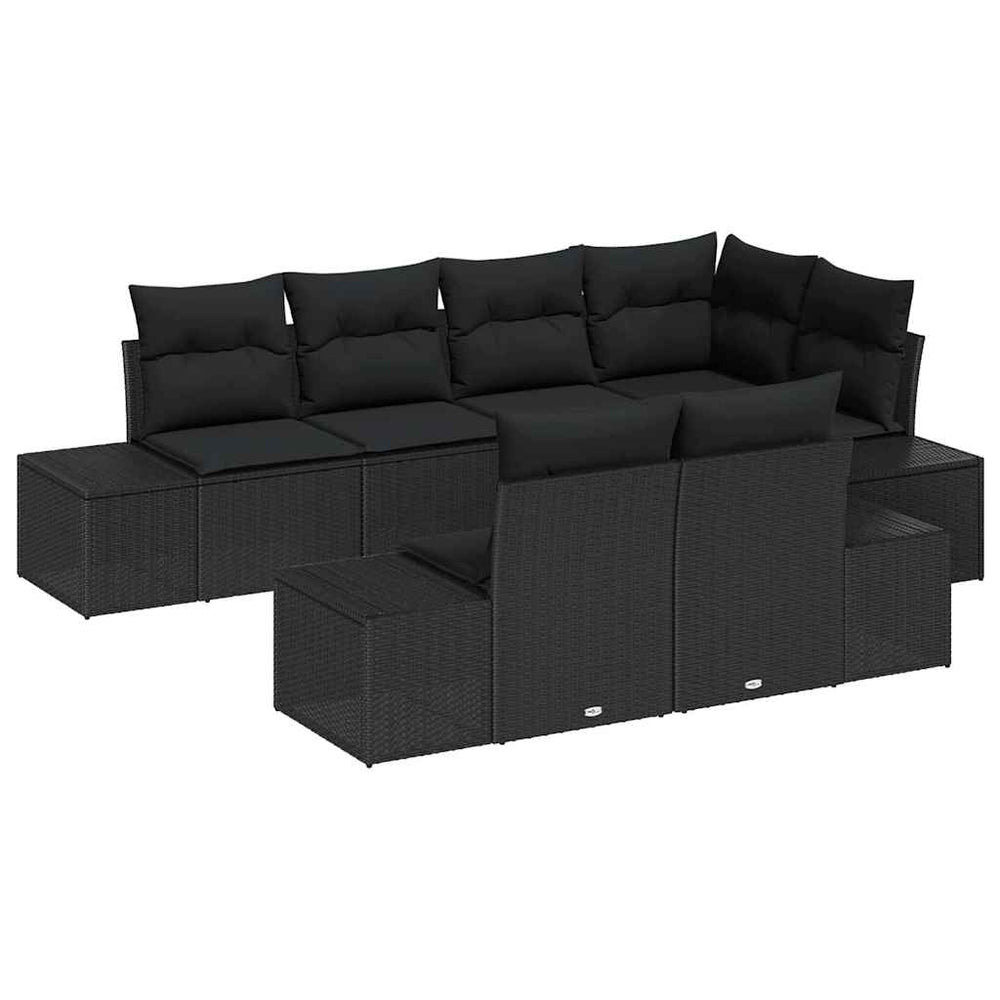 7-piece garden sofa set with cushions in black poly rattan