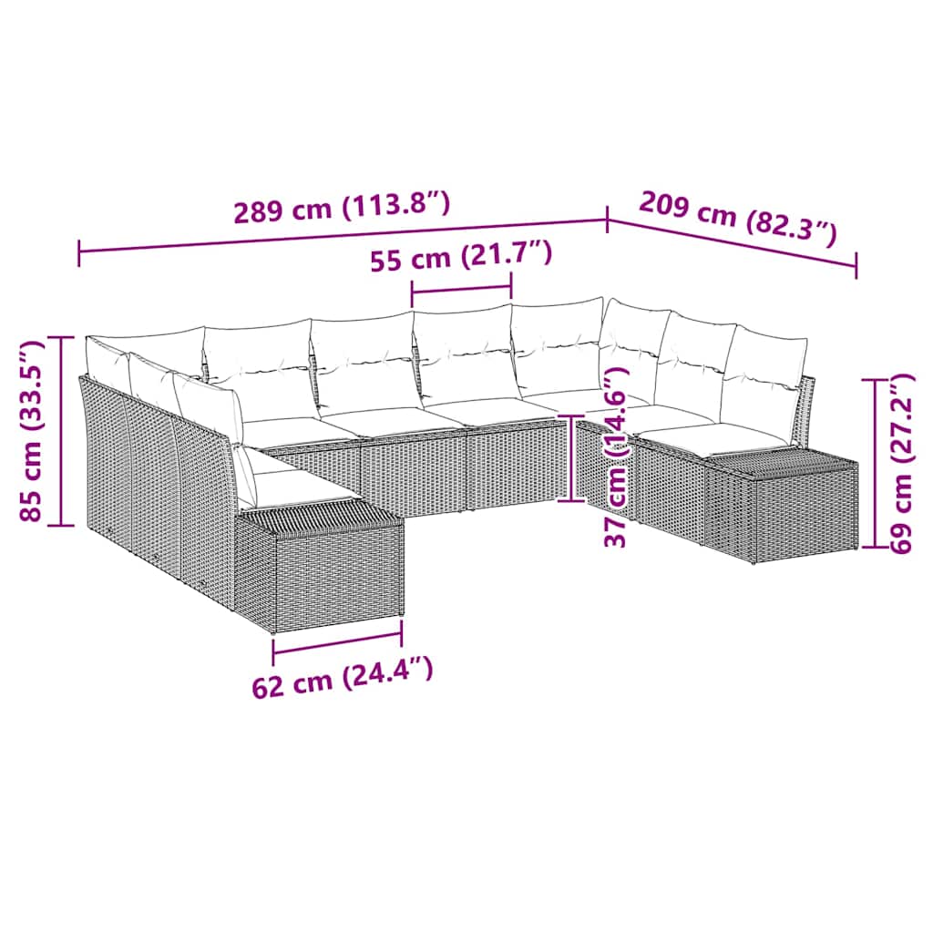 Sodo Sofų Rinkinys 9 pcs Pilka 289 x 209 x 85 cm Poli ratanas
